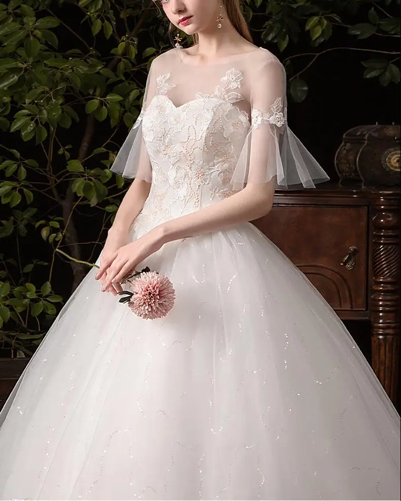 

New Korean Simple Long Sleeve Wedding Dresses 2021 Bridal Princess Sexy Illusion O-neck Applique Plus Size Customized Ball Gowns