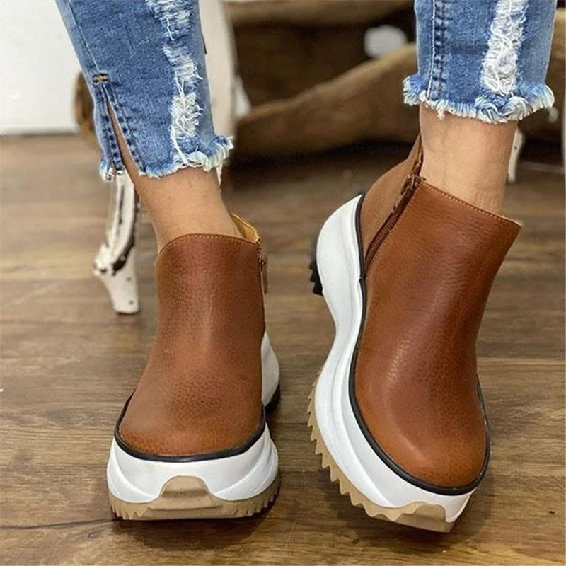 Plus Size 43 New Winter Wedges Women Boots Comfortable Ankle Boots Shoes Round Toe Lace Up and Zip Thicken Botas De Mujer
