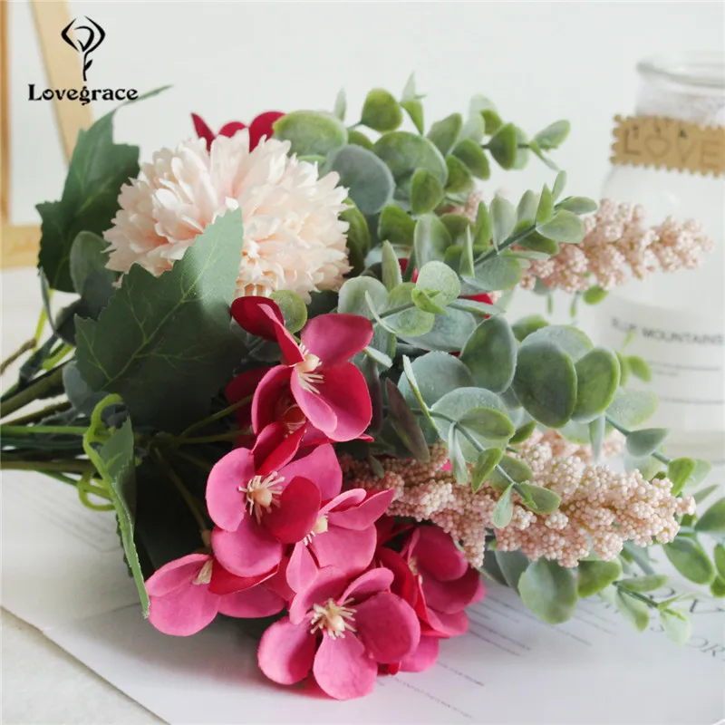 Artificial Silk Pompon Luckyball Flowers Bouquet Green Eucylaptus Flores Wedding Home Party DIY Decor Fake | Свадьбы и торжества