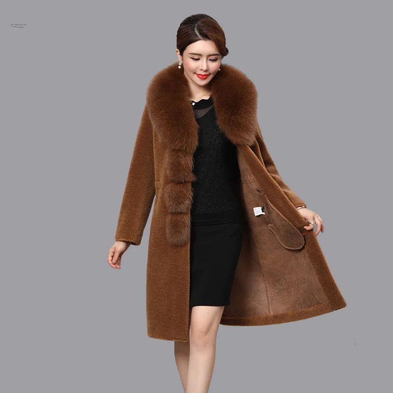 

Женское длинное шерстяное пальто, Корейская зимняя куртка из 100%-ной овчины с воротником из натурального Лисьего меха, 9093