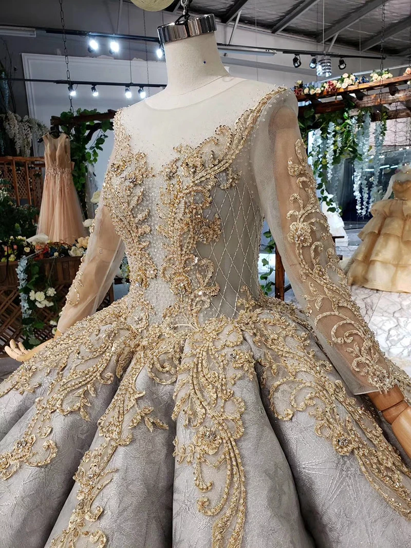 BGW 3513ht Luxury Ball Gown Ladies Evening Dresses For Special Occasions O-neck Long Sleeve Golden Lace Long Evening Gown Rochii