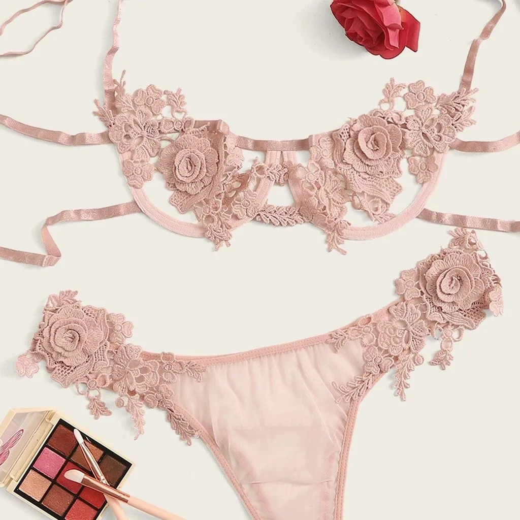 

Erotic Lingerie Lace Temptation Rose Bras Sets Sexy Underwear Women With Steel Ring G-string Thong