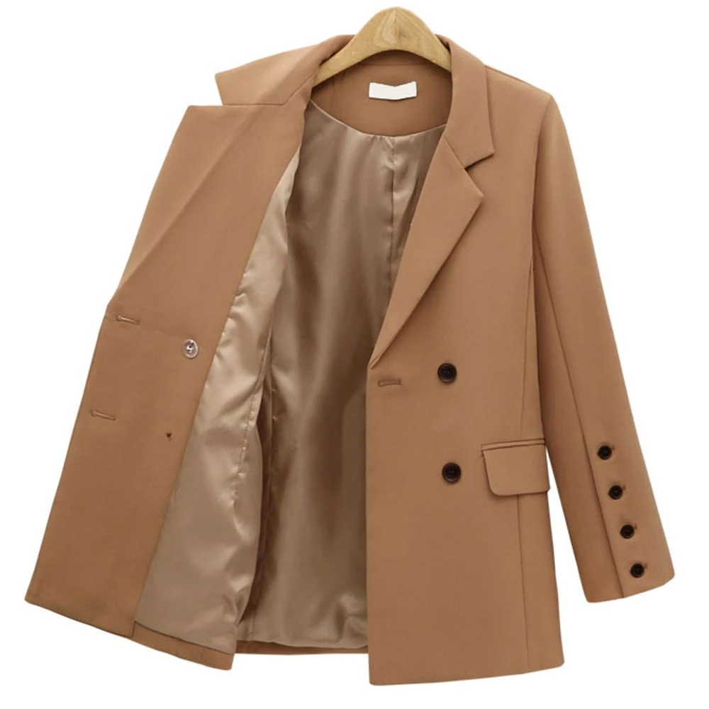 Фото Women Autumn New 2021 England Blazer Button Double Breasted Long Sleeve Office Lady Coat Solid Female Casual Brown Outerwear №4