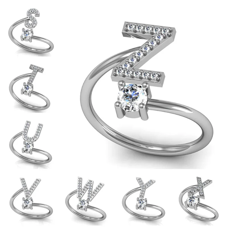 Мода 26 букв серебряное кольцо для женщин простой Изысканный A-Z открытый палец