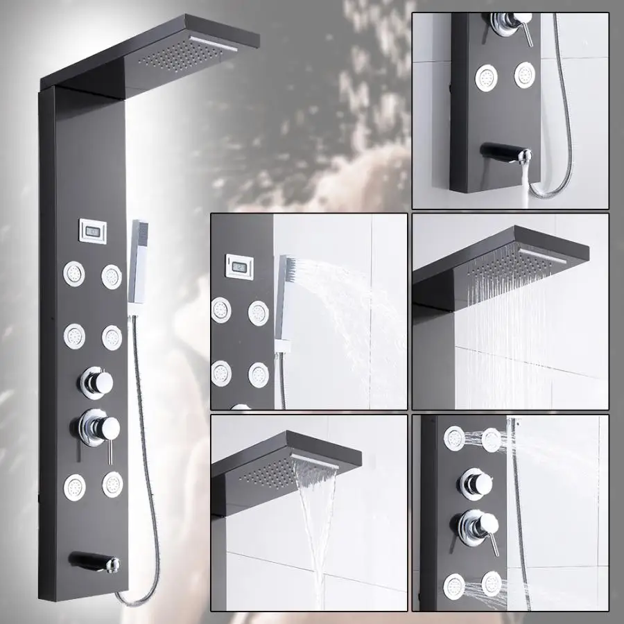 Душевая панель из нержавеющей стали черная колонна смеситель 6 струй с