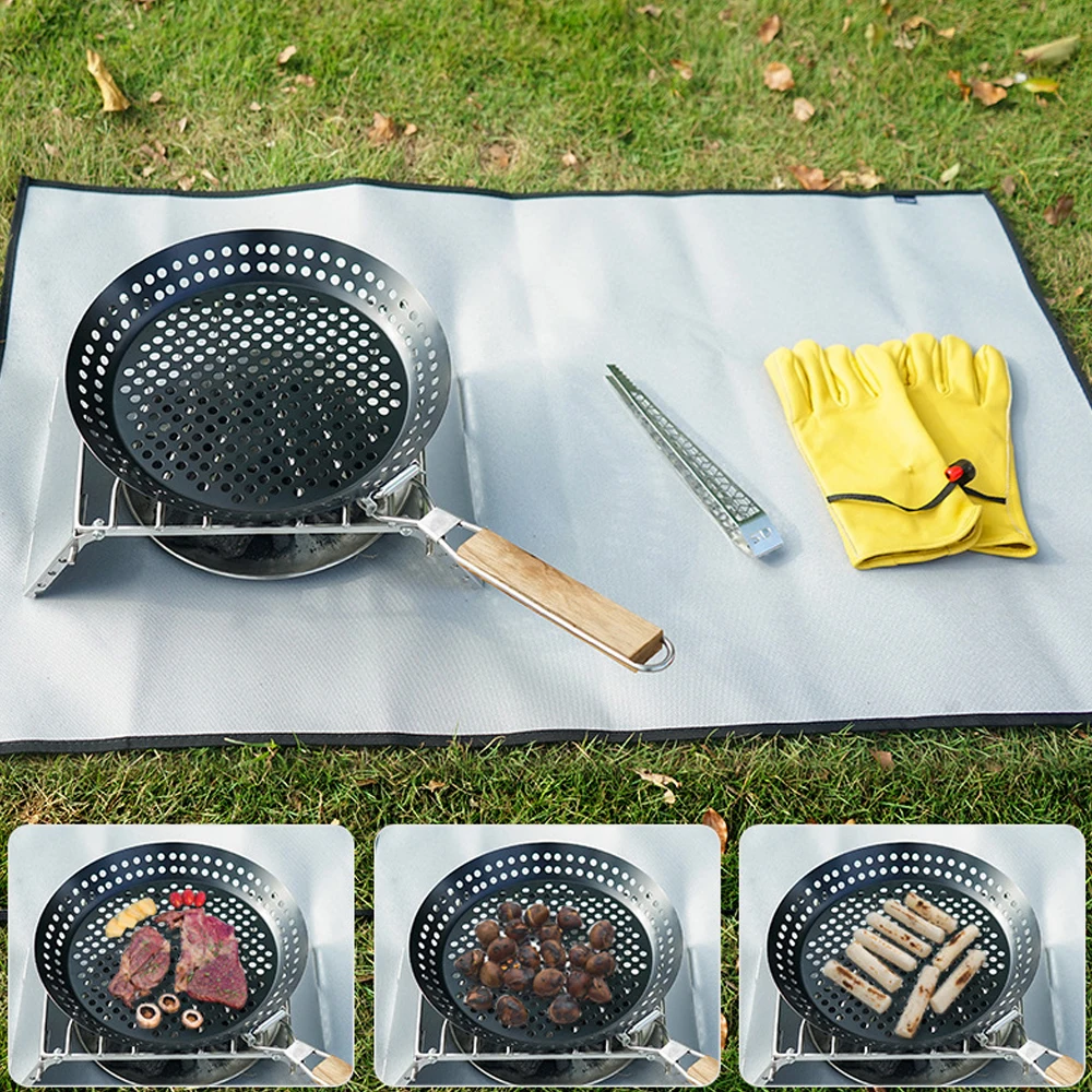 

Outdoor Folding Barbecue Tray Ovenware Picnic BBQ Grill Non-stick Camping Frying Pan Round Baking Pan Holes Grill Tray Plate