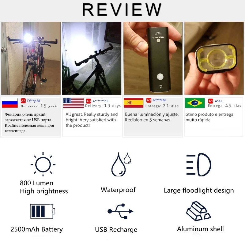 Велосипедный передний светодиодный фонарь ROCKBROS 800 лм зарядка через