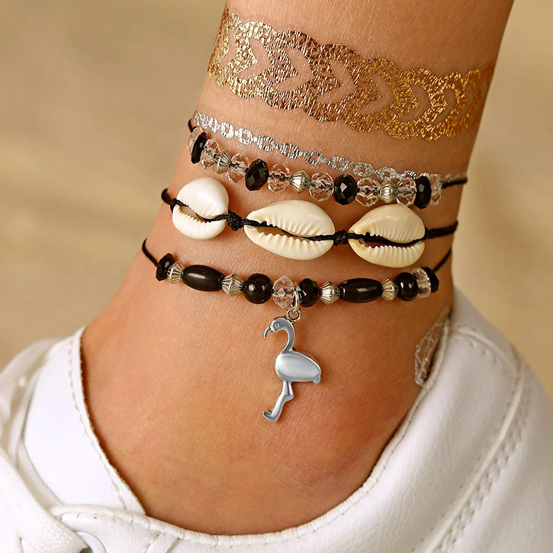 Black Rope Beaded Ankle Chain Animal Pendant Anklets For Women Summer Beach Shell Anklet Bohemian Bracelets On Leg Foot Jewelry