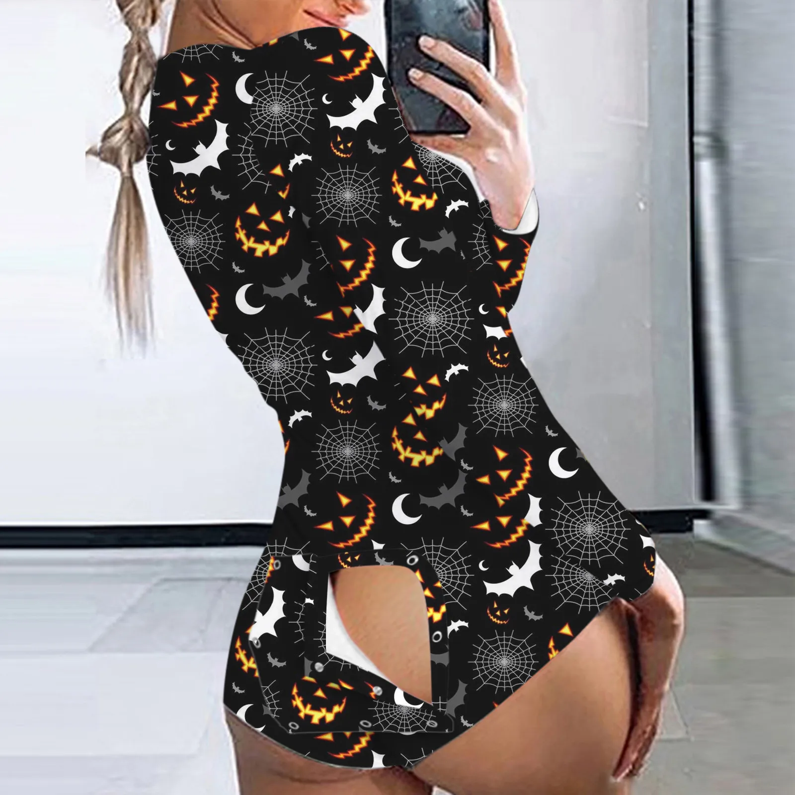 

Женская пижама на пуговицах с открытым низом, с принтом на Хэллоуин, функциональная Пижама с клапаном на пуговицах, женская одежда для сна, п...