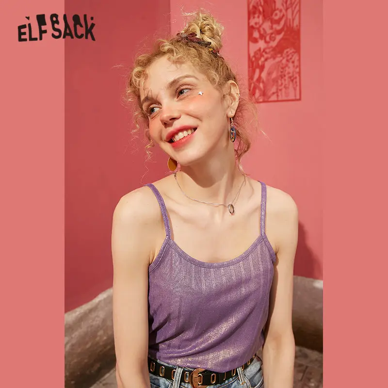 ELFSACK Purple Solid Skinny Jersey Sling Women Tank 2020 Spring New Blue Pure Bright Sleeveless Sexy Ladies V Neck Camis Tops | Женская