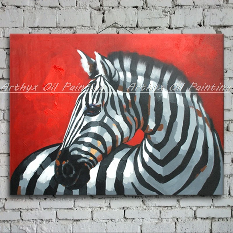 

Athyx Hand Painted Red Base Zebra Horse Animals Oil Painting On Canvas Abstract Poster PoP Art For Home Decoration Wall Picture