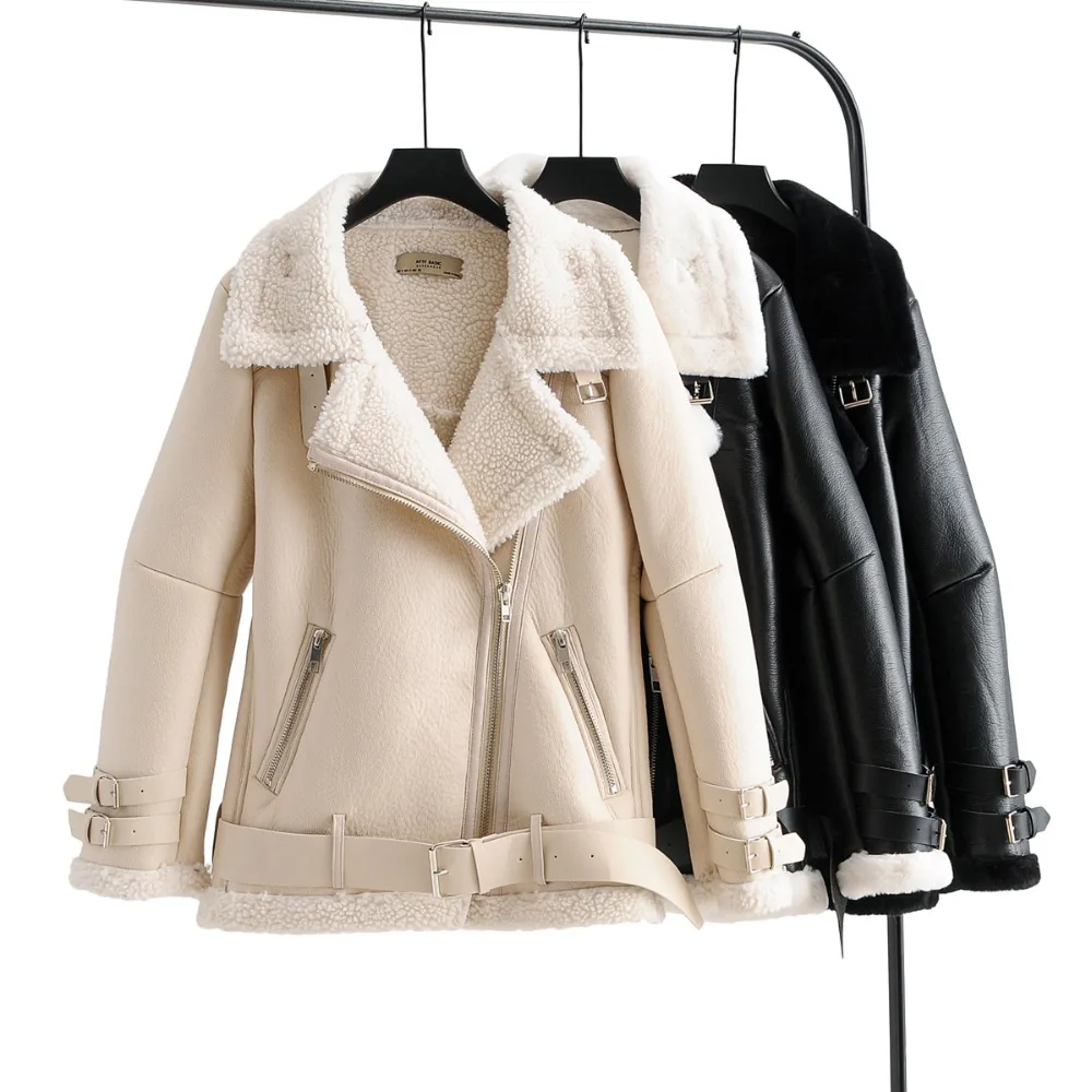 

Fur Integrated Warm Belt Zipper Plus Velvet PU Windproof Chic Women's Jacket Korean Lamb Wool Motorcycle Female Coat Tops