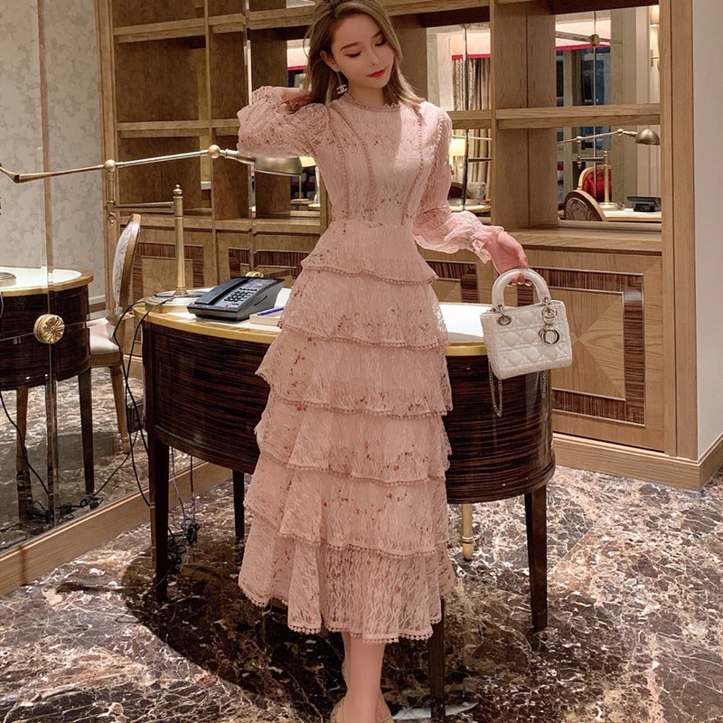 Женское длинное кружевное платье элегантное розовое принцессы с вышивкой и