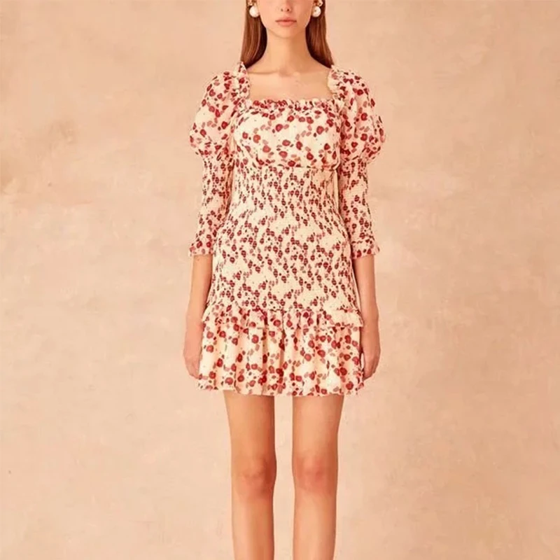 Женское мини платье с рукавами фонариками ZA эластичное винтажное цветочным