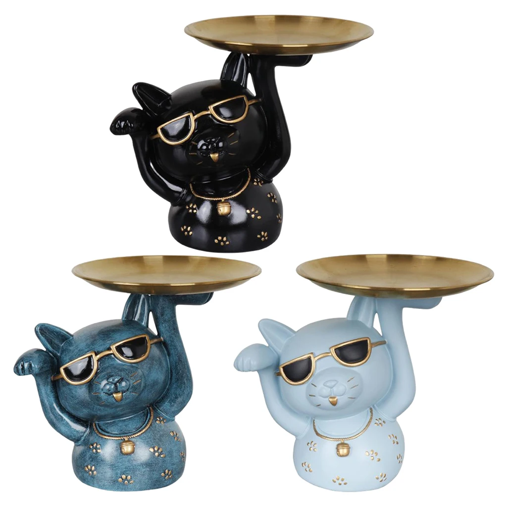 

Resin Cat Sculpture Cute Lucky Cat Figurine Statue with Storage Tray Decor