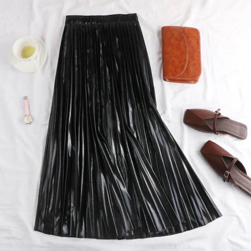 

Female High Waist Mid-length Glossy Skirt Metallic Color Gold Silver Retro Pleated A-Line Laser Reflective Pencil Skirt Faldas