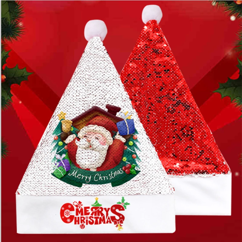 

30Pcs/Lot Sublimation Sequin Christmas Hat Carnival Hat Sublimation Blank Personalized Two-Color Sequin Caps Christmas Gift