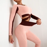 2pcs high stretch women yoga sets fitness tracksuits sportswear gym clothing sports long sleeve crop tops hip up leggings suits