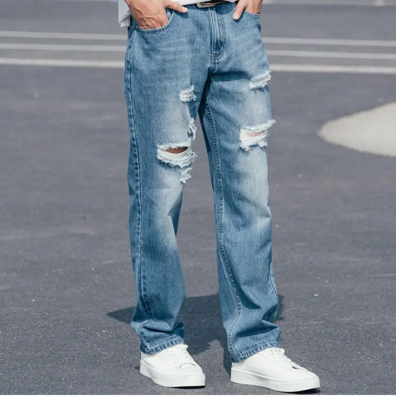 New Fashion Ripped Men Jeans  Pants Summer Thin Section Big Size Breathable Straight Leisure Blue Tattered Denim Trousers