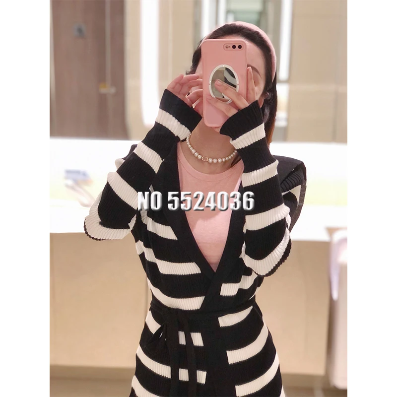 

Women's New Autumn Winter Cardigans 2021 Lace-up Belt Long Knitted Cardigan Women Sailor Collar Contrast Stripes Coat