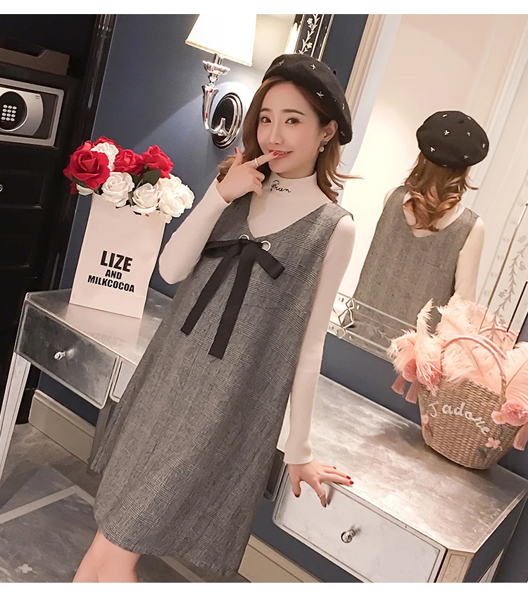 6596# 2PCS/Set Autumn Korean Fashion Maternity Dress Sweet Lovely Straight Loose Clothes for Pregnant Women Fall Pregnancy
