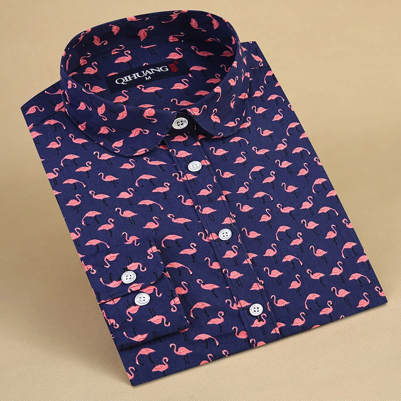 QIHUANG Casual Flamingo Print Blouses Women Shirts Vintage Ladies Long Sleeve Cotton Plus Size Brand 5XL | Женская одежда