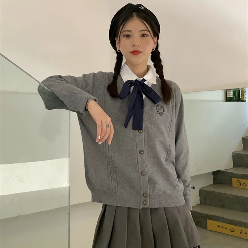Women's Skirt Suit College Style Knitted Cardigan Autumn 2021 New Design V-neck With Loose Short Long Sleeve Sweater