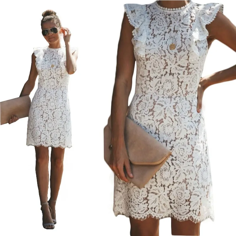 Женское кружевное платье-карандаш белое элегантное облегающее короткое платье с