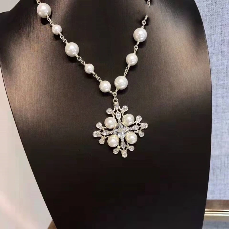 

Simulated Pearl Star Long Necklace Paved AAA Crystal Sweater Charn Necklace for Women Brand Jewelry Gold Plated on Brass