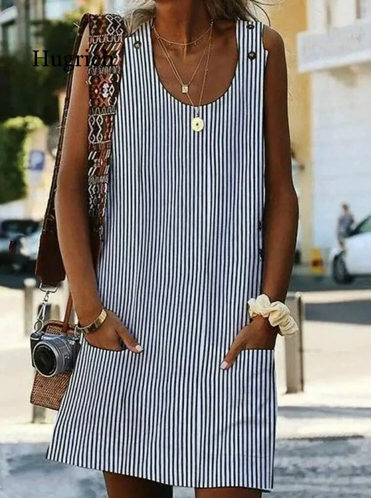 

Plus Size Women Holiday Sleeveless Loose Button Pocket Ladies Summer Beach Mini Colours Sun Dress