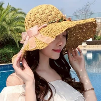 free shipping hand woven raffia crochet summer hat breathable comfortable romantic women straw beach soft folding handmade cab