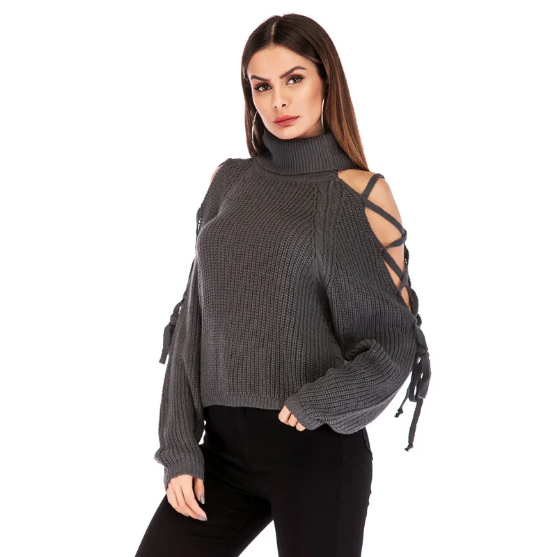 

Autumn And Winter New Style High Collar Sweater WOMEN'S Sexy Bandage Cloth off-Shoulder WOMEN'S Knitted Casual Tops