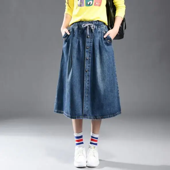 Летняя джинсовая юбка миди с эластичной резинкой на талии а силуэт большие