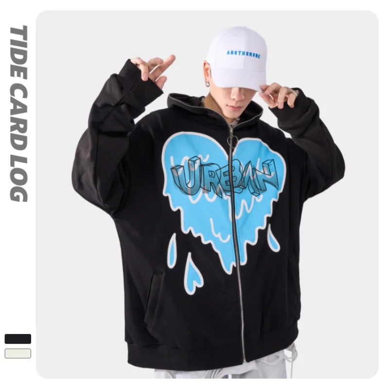

TIDECARDLOG Heart Print Zip Up Oversized Streetwear hoodie high street vintage men sweatshirts Hip Hop autumn Jacket Coat 5601#