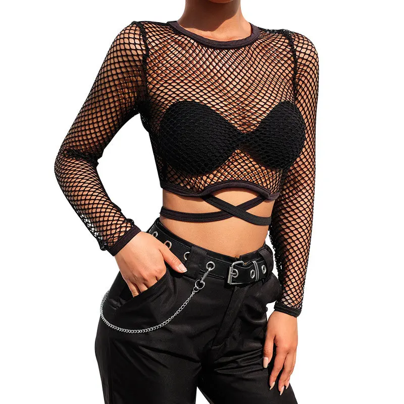 

2021 Sexy New Fashion Shiny Thin Long Sleeve T-shirt Spring Black Transparent O-neck Short Bottoming Women Tops Party Nightclub
