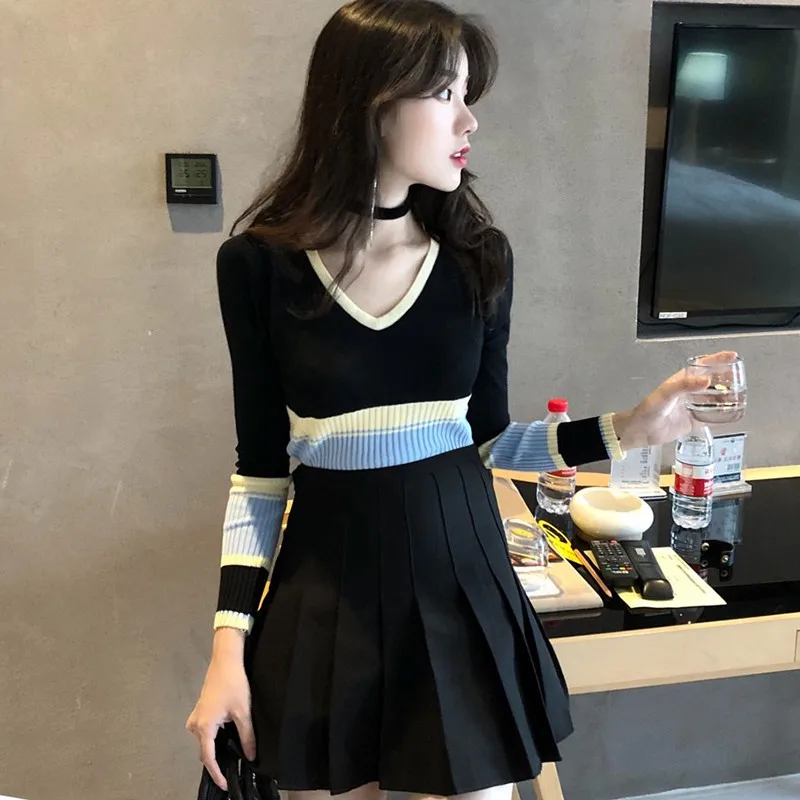 Корейский контрастный цвет сшивание шорты v-образным вырезом Тонкий открытый