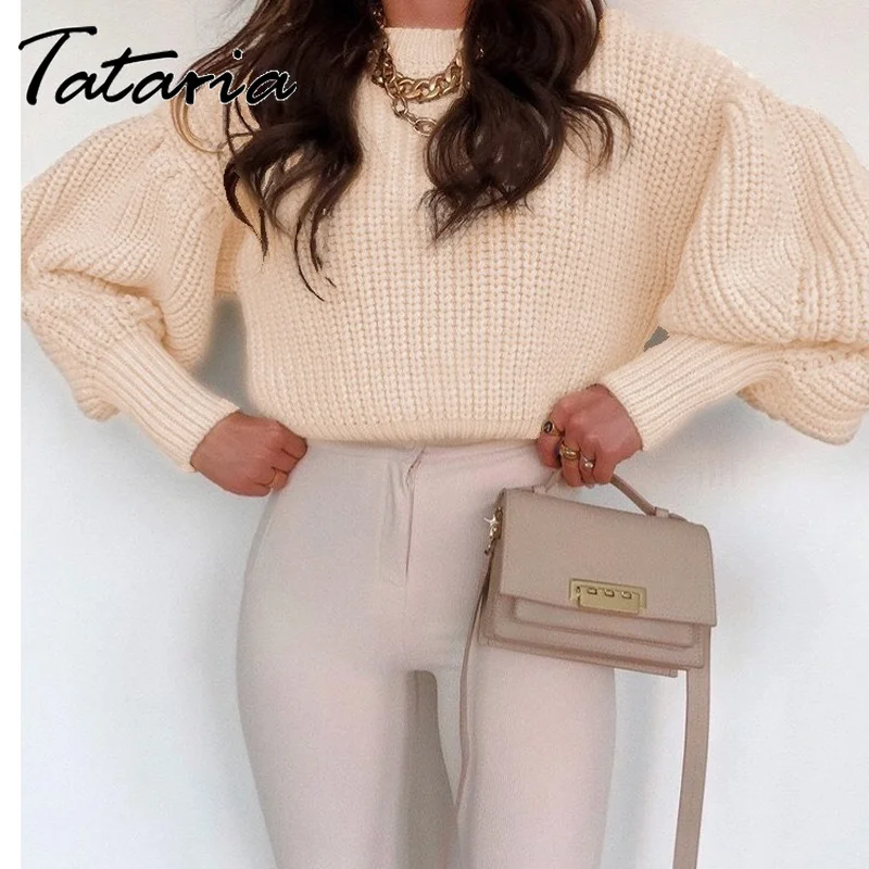 Женский Пуловер Свободный рукав-фонарик простой вязаный свитер женский