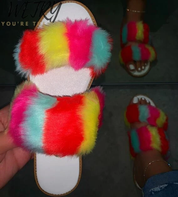 

non-slip durable sandals outdoor wild fashion beach flat flip flop Fox fur ms Spring /summer new 2020 women home furry slippers