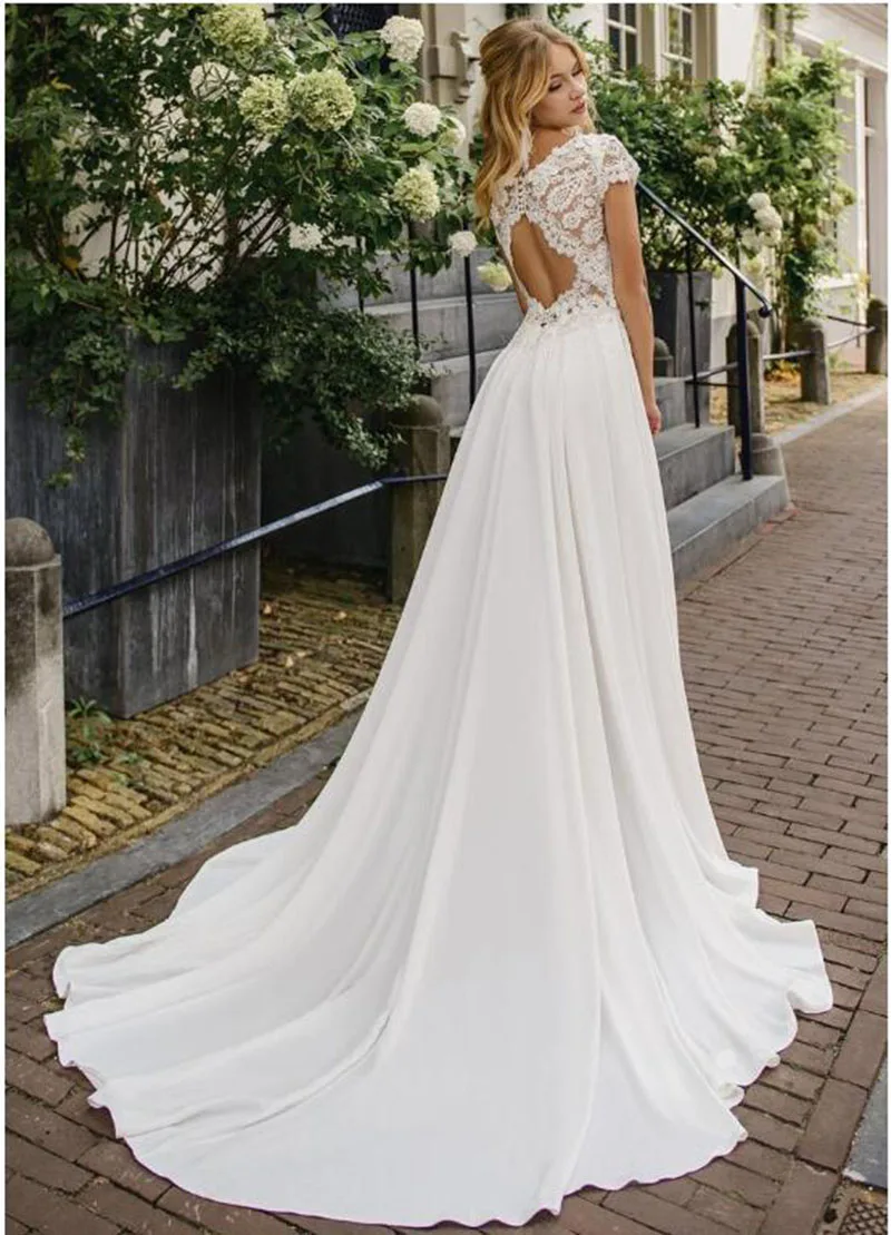 

Hi Shy Bridal New simple wedding dress backless sleeveless design chiffon lace bride dresses princess dress plus size 2021