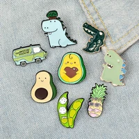 green spring enamel pin custom cartoon avocado pea pineapple dinosaur bus brooch backpack lapel pin fun badge jewelry gift kids