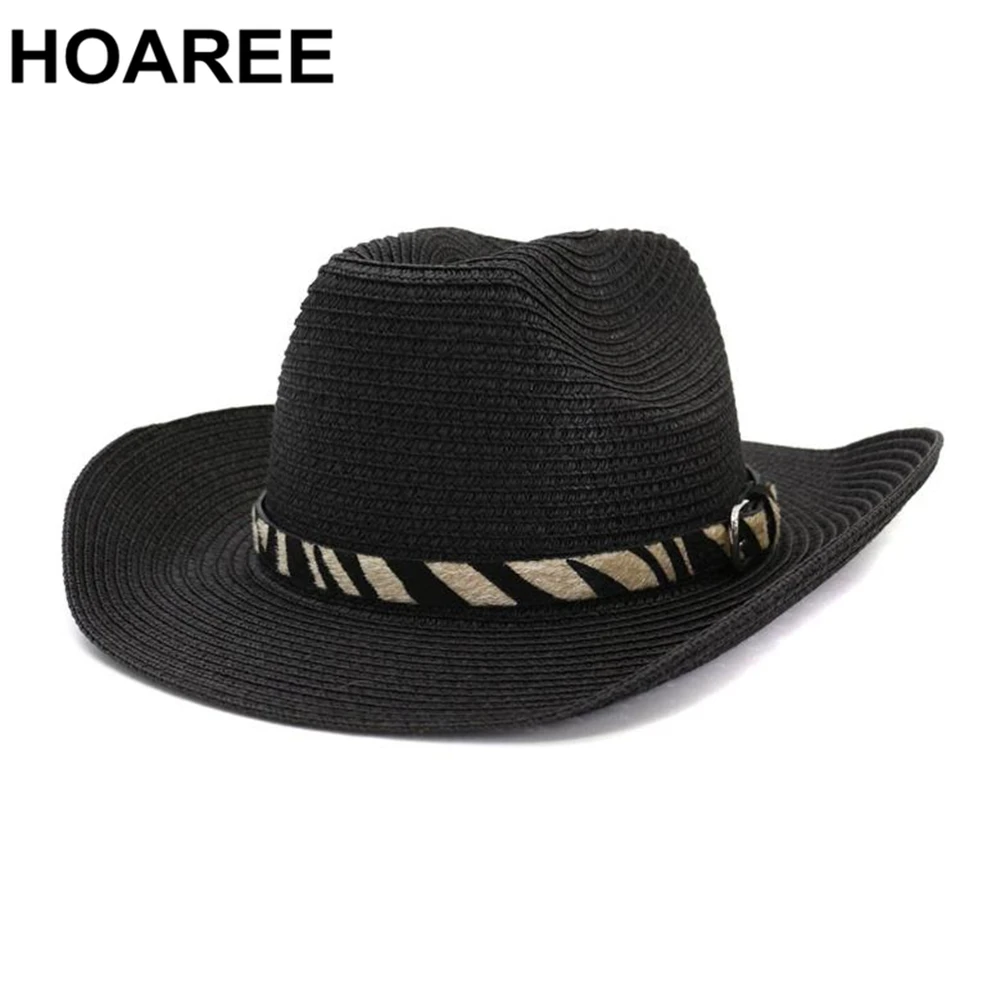 

HOAREE Western Cowboy Hats Black Male Female Straw Beach Hat Leopard Panama Men Women Outdoor Spring Summer Sun Hat