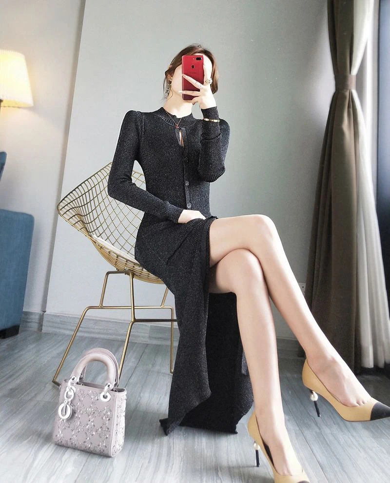 High Quality Long Sweater Dress New 2020 Early Spring Fashion Women Pocket Patchwork Sleeve Casual Cardigan Knitwear | Женская одежда