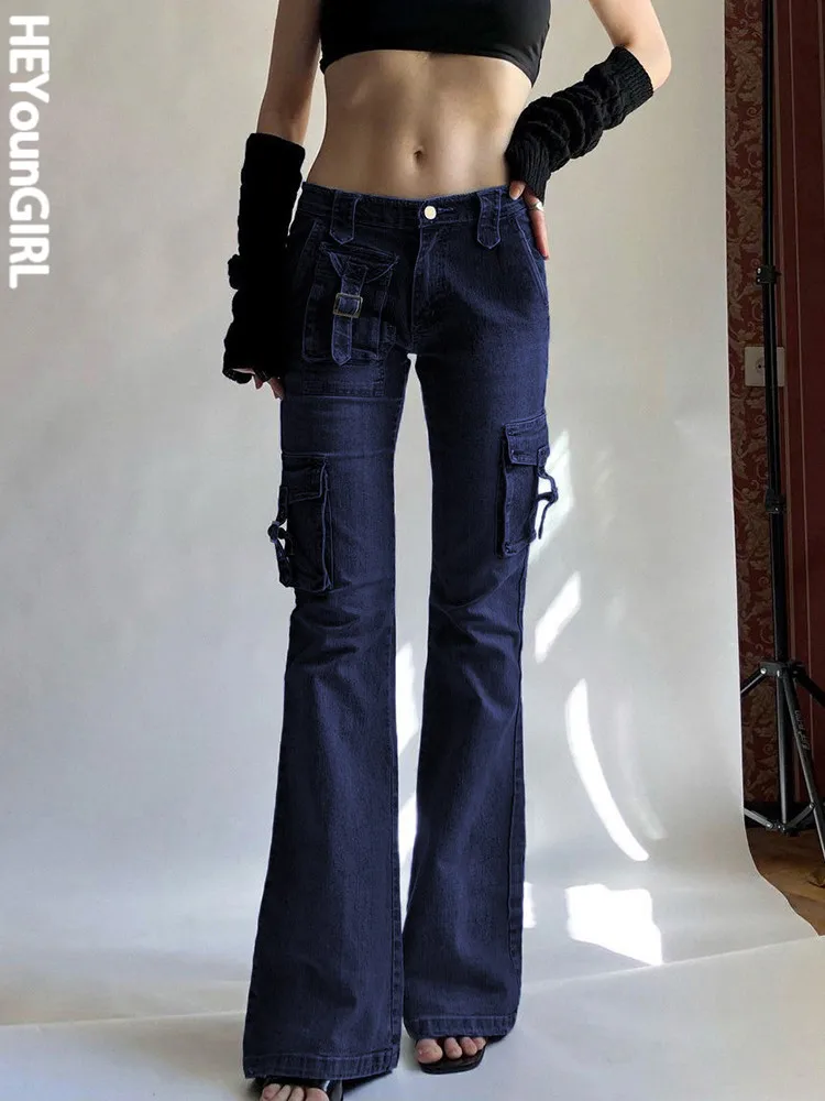 

Женские винтажные расклешенные джинсы HEYounGIRL, повседневные модные облегающие джинсовые брюки с низкой талией и карманами в стиле 1920-х годов,...