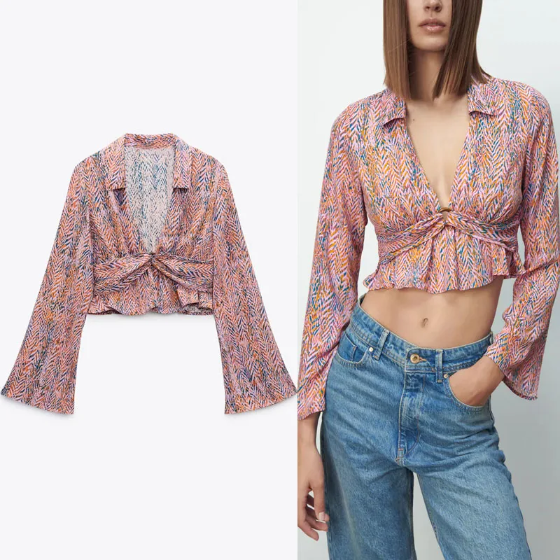 

Женская укороченная блузка с принтом ZA, Винтажная летняя блузка с длинными рукавами-фонариками и эластичной талией, 2021