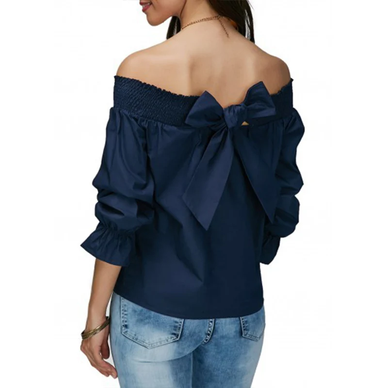 Летние Элегантные женские блузки рубашки рукава бант вырез лодочкой с открытыми