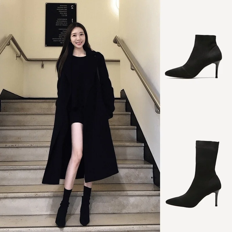 

women's High heeled shoes, boots, pointed short spring and autumn single boots, thin heel, black elastic shoes, net
