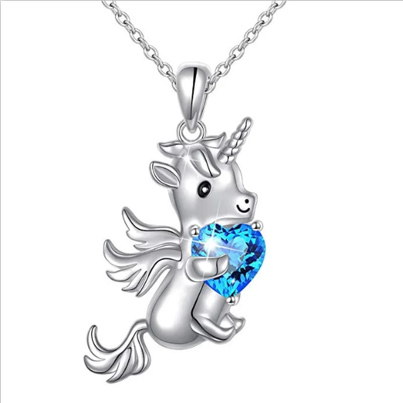 Ожерелье Pegasus с подвеской в виде единорога животного синее сердце кристалл крыло
