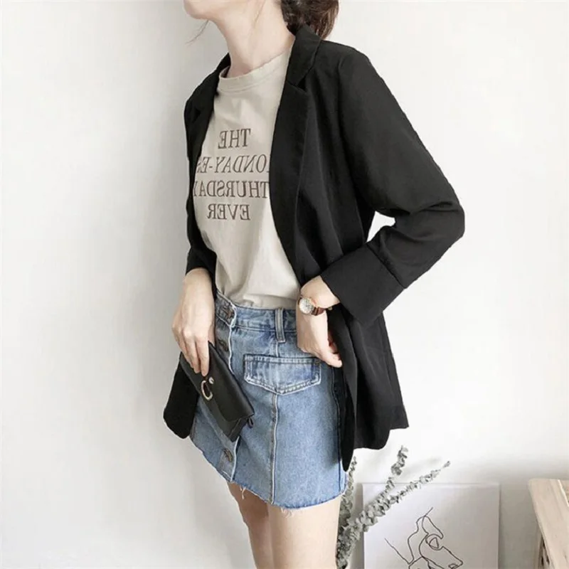 

GOOHOJIO 2020 New Autumn Solid Color Leisure Blazer Women Summer Chiffon Blazer Jackets Ladies V-neck Suit Chic Jacket for Women