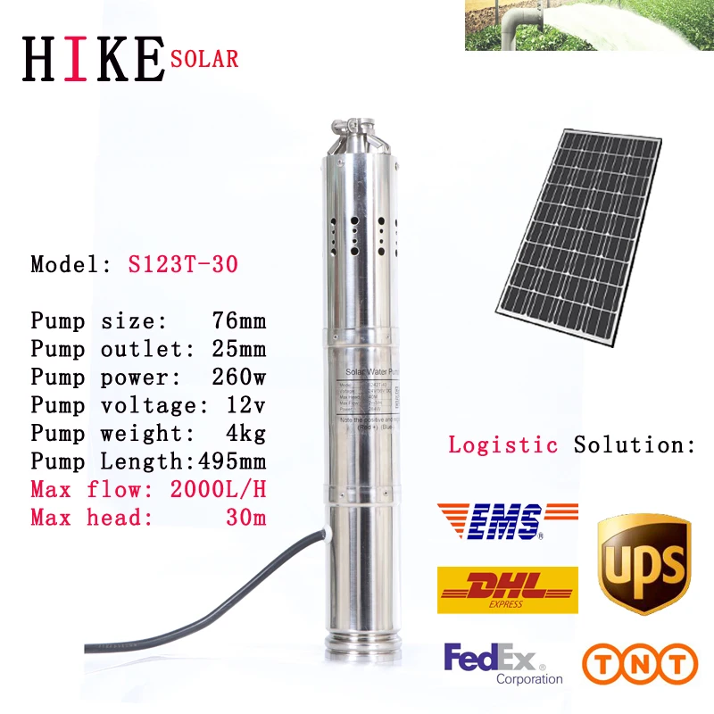 

Hike solar equipment 2020 Hot Sale 12V Cheap Max head 30m Solar Submersible 2000L per hour for drip irrigation Model S123T-30