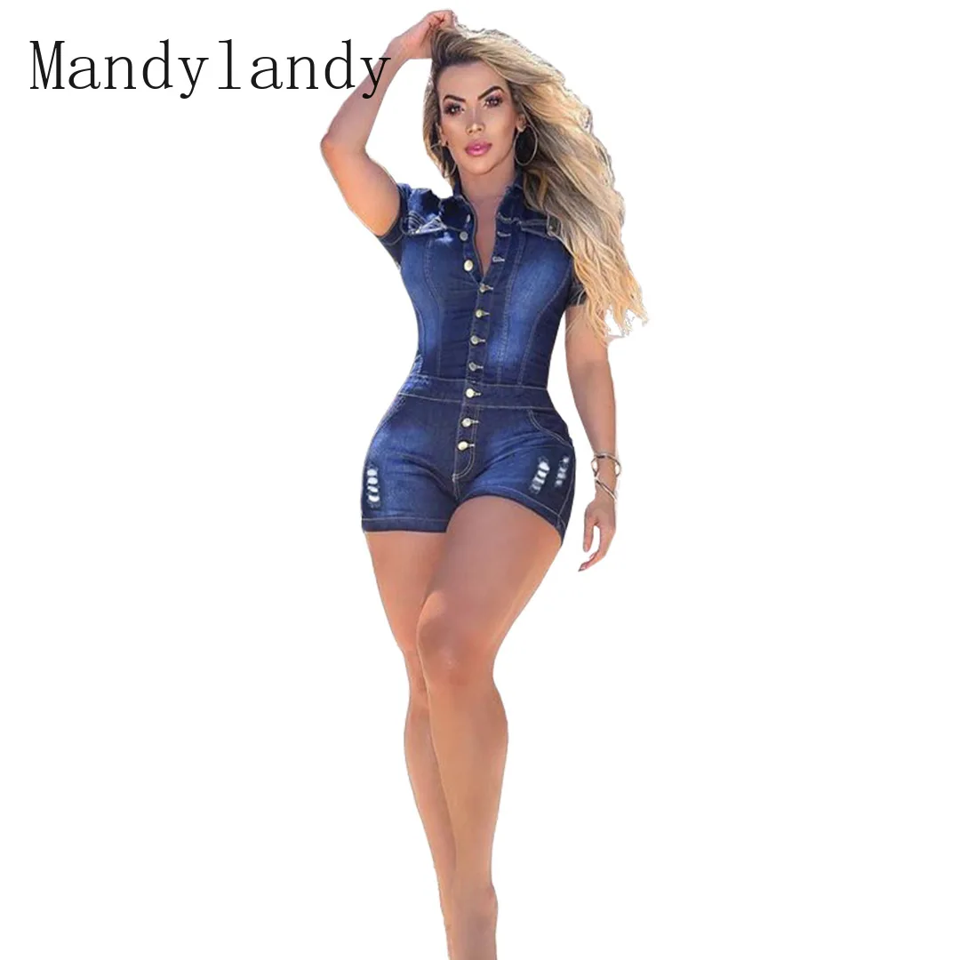 

Mandylandy Single-Breasted Playsuits Women's Solid Hole Slim Playsuits Summer Short Sleeve Turn-down Collar Pleated Playsuits